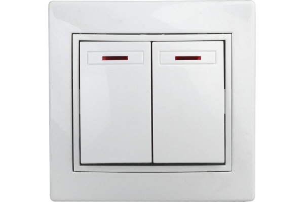 Выключатель Intro Plano 1-105-01 двухклавишный с подсветкой, 10А-250В, IP20, СУ, Plano, белый