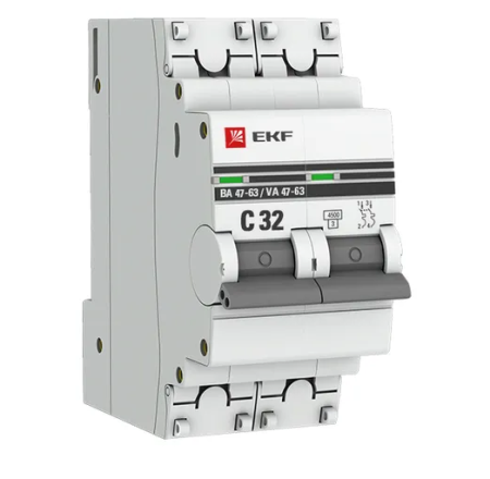 Автоматический выключатель 2P 32А (C) 4,5kA ВА 47-63 EKF PROxima